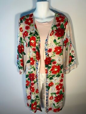 Trust Brand OSFA Vintage Floral Print Kimono  Cottage Boho Cover Up Coquette